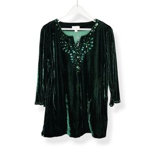 NEW Quacker Factory Forest Green Velvet Velour Beaded Tunic Top Size Large
